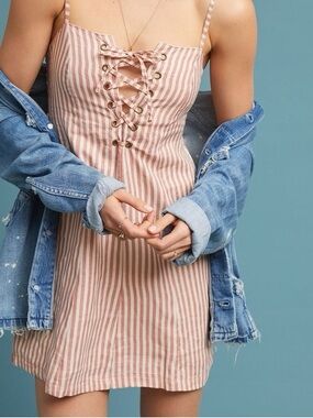 Faithful the Brand Mama Mia Striped Linen Lace Up Dress in Pink Rose & Cream- XS